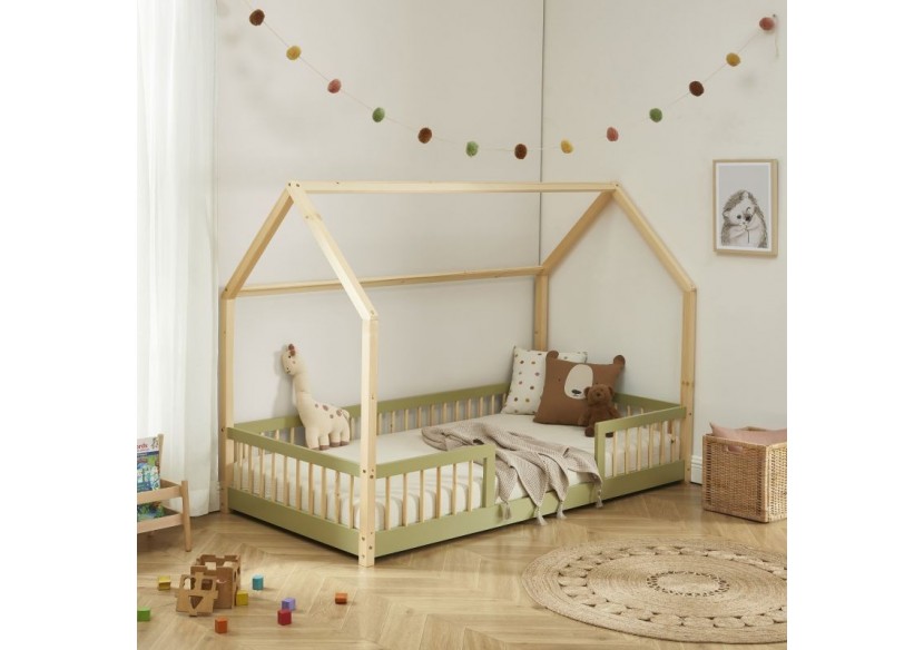 Lit cabane avec barrières TINY pin et vert 90x190 sommier inclus