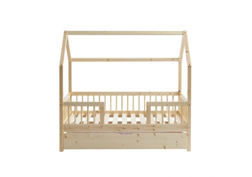 Lit cabane avec barrières TINY pin massif 70x140 sommier + tiroir inclus