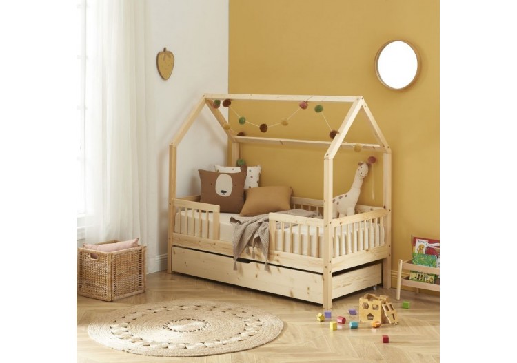 Lit cabane avec barrières TINY pin massif 70x140 sommier + tiroir inclus 2