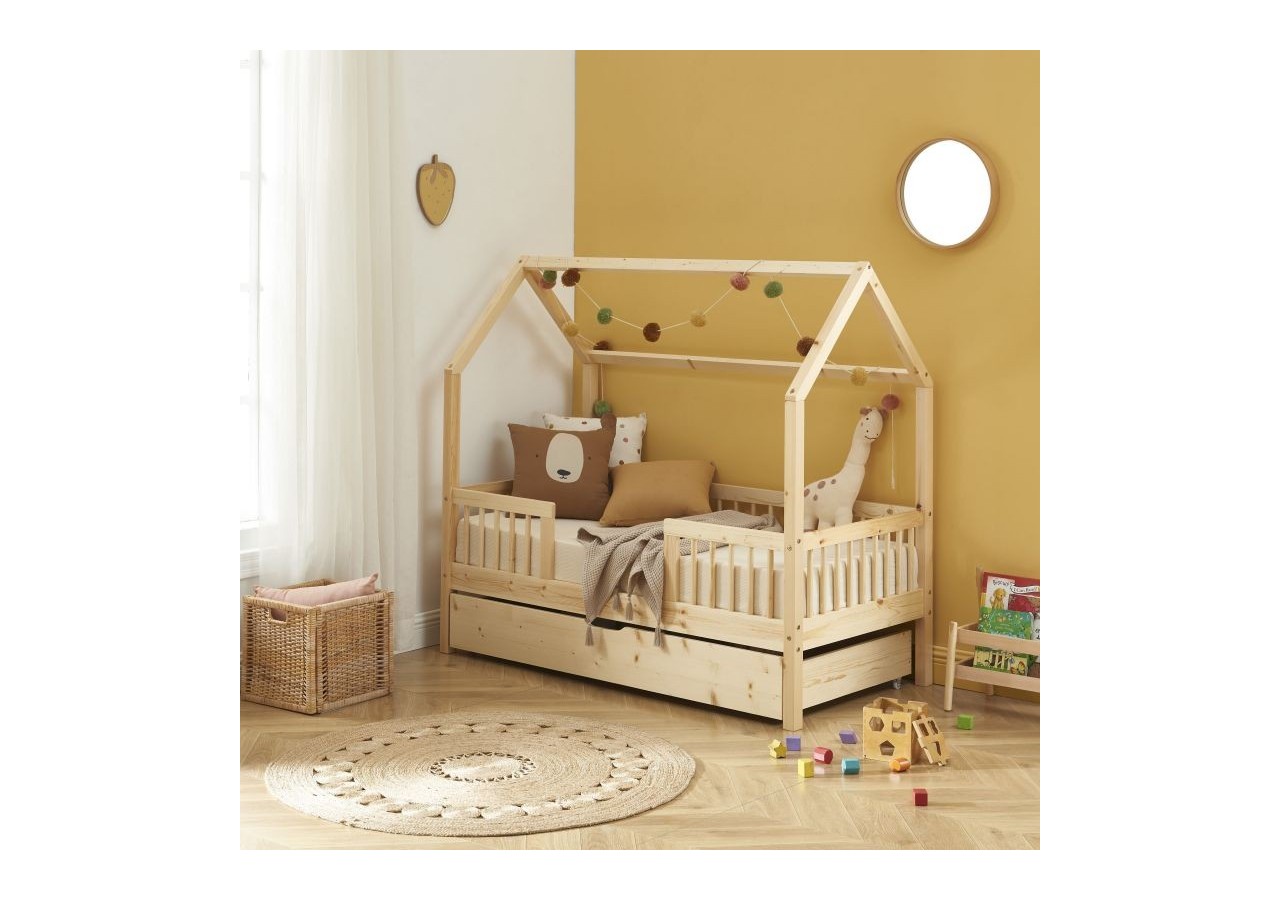 Lit cabane avec barrières TINY pin massif 70x140 sommier + tiroir inclus