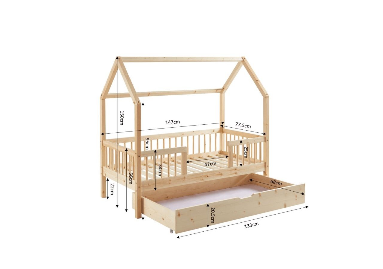 Lit cabane avec barrières TINY pin massif 70x140 sommier + tiroir inclus