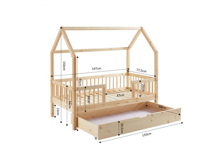Lit cabane avec barrières TINY pin massif 70x140 sommier + tiroir inclus