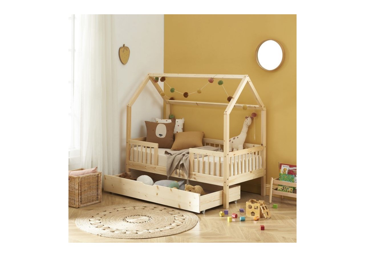Lit cabane avec barrières TINY pin massif 70x140 sommier + tiroir inclus