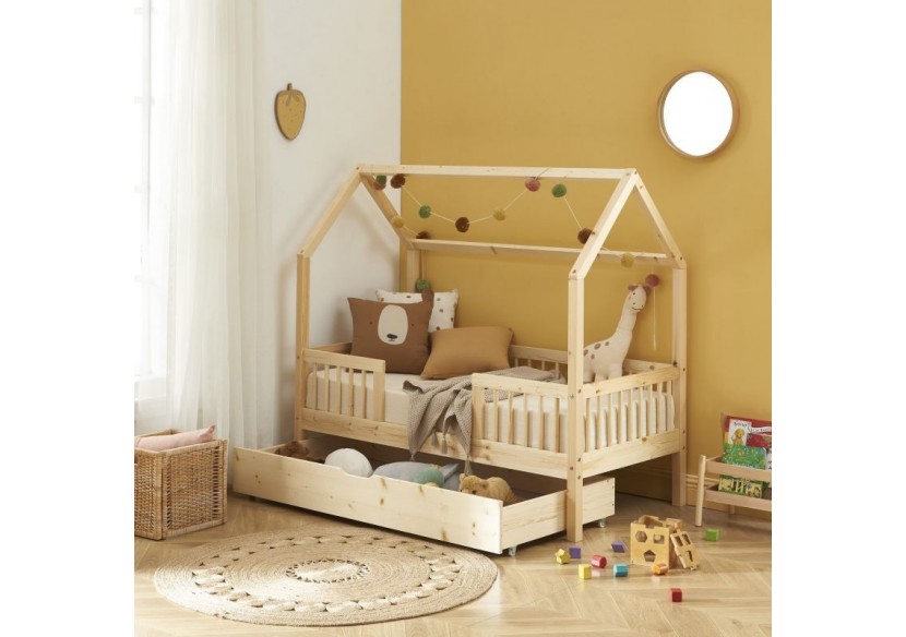 Lit cabane avec barrières TINY pin massif 70x140 sommier + tiroir inclus