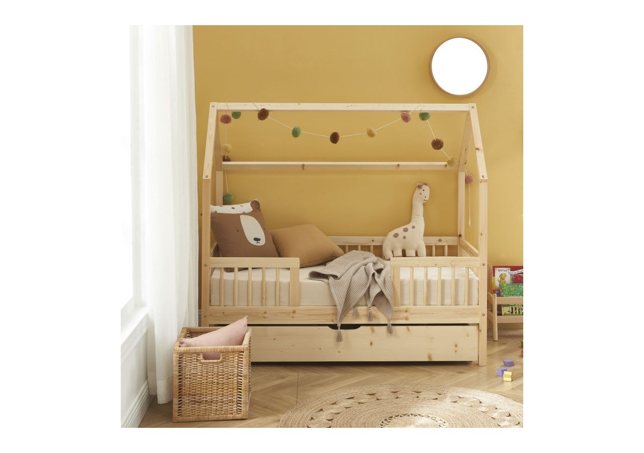 Lit cabane avec barrières TINY pin massif 70x140 sommier + tiroir inclus