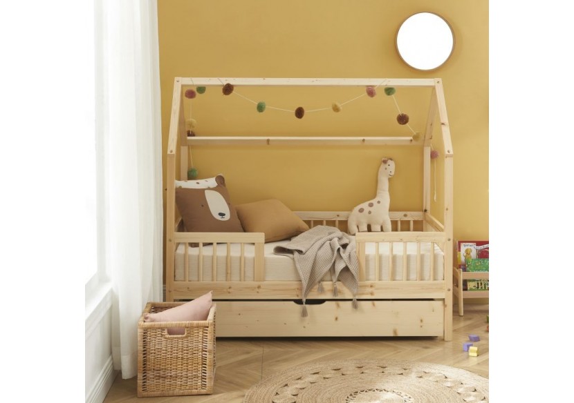 Lit cabane avec barrières TINY pin massif 70x140 sommier + tiroir inclus