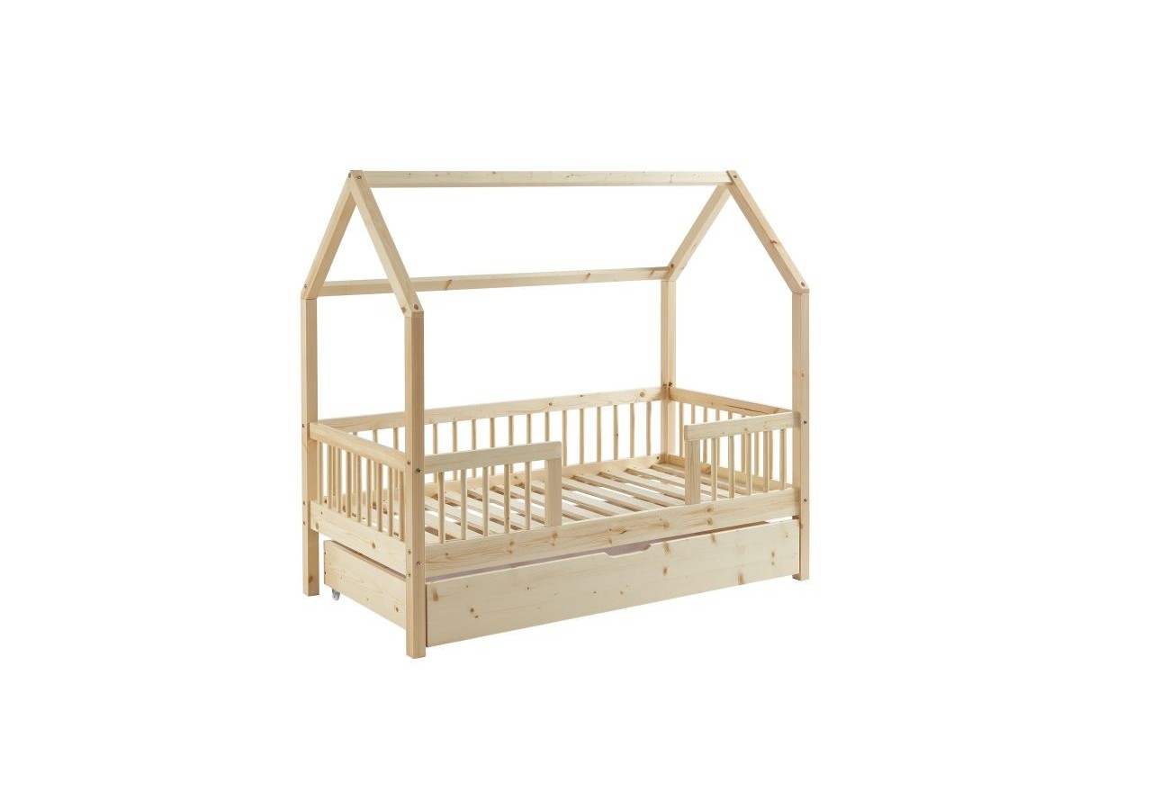 Lit cabane avec barrières TINY pin massif 70x140 sommier + tiroir inclus