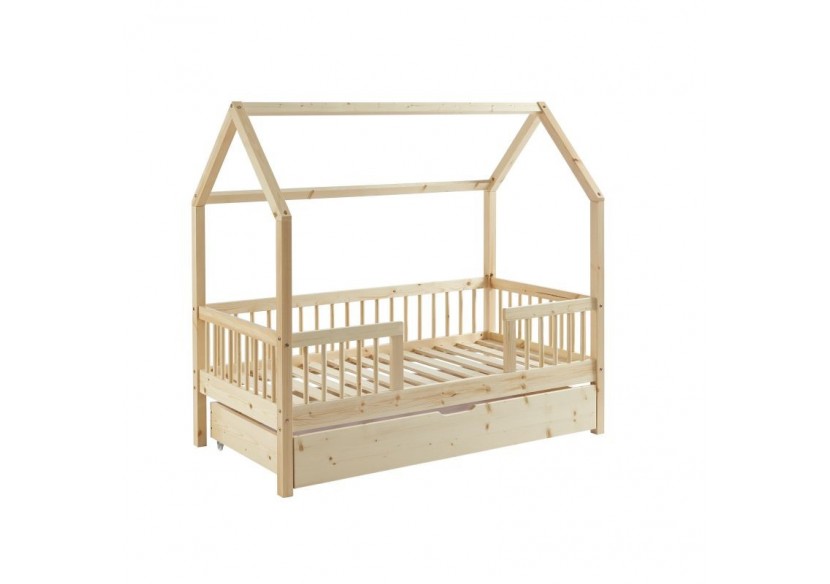 Lit cabane avec barrières TINY pin massif 70x140 sommier + tiroir inclus