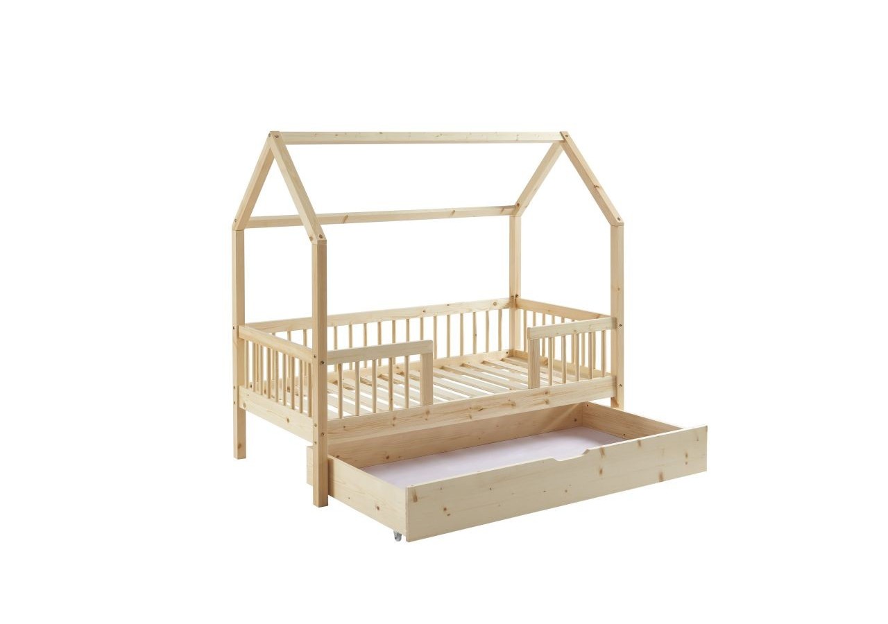 Lit cabane avec barrières TINY pin massif 70x140 sommier + tiroir inclus