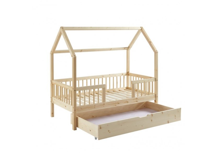 Lit cabane avec barrières TINY pin massif 70x140 sommier + tiroir inclus