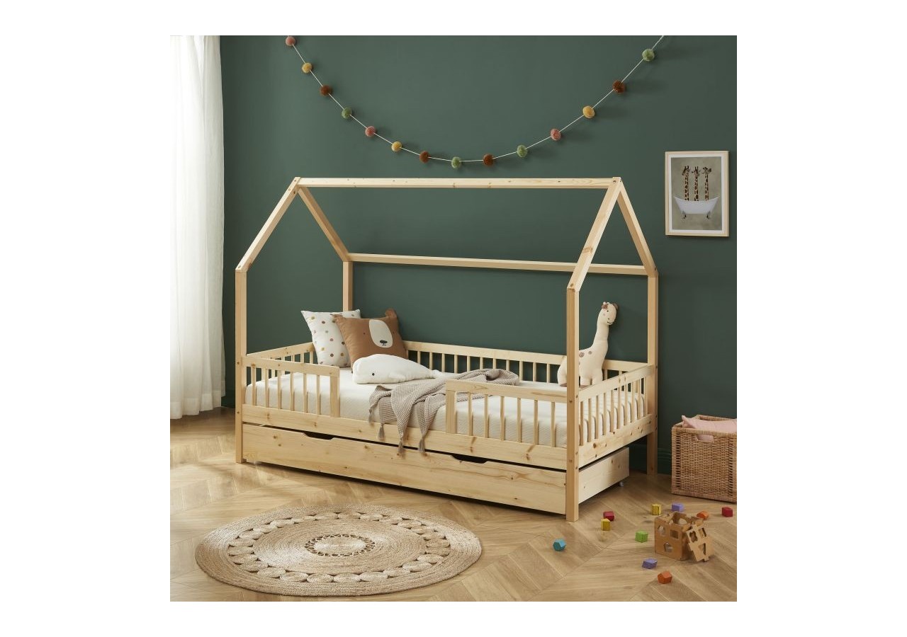 Lit cabane avec barrières TINY pin massif 90x190 sommier + tiroir inclus