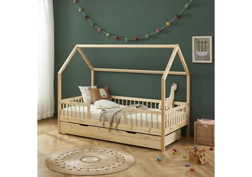 Lit cabane avec barrières TINY pin massif 90x190 sommier + tiroir inclus