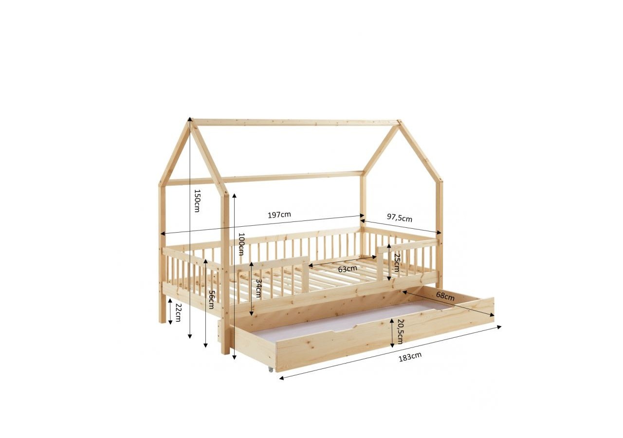 Lit cabane avec barrières TINY pin massif 90x190 sommier + tiroir inclus