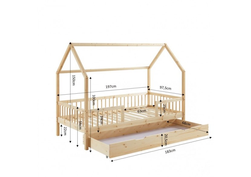 Lit cabane avec barrières TINY pin massif 90x190 sommier + tiroir inclus