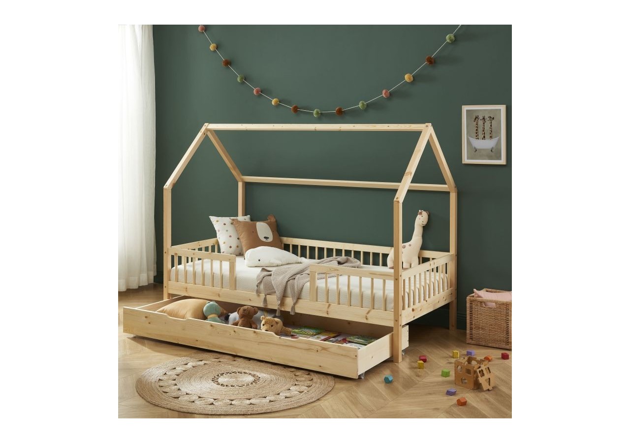 Lit cabane avec barrières TINY pin massif 90x190 sommier + tiroir inclus
