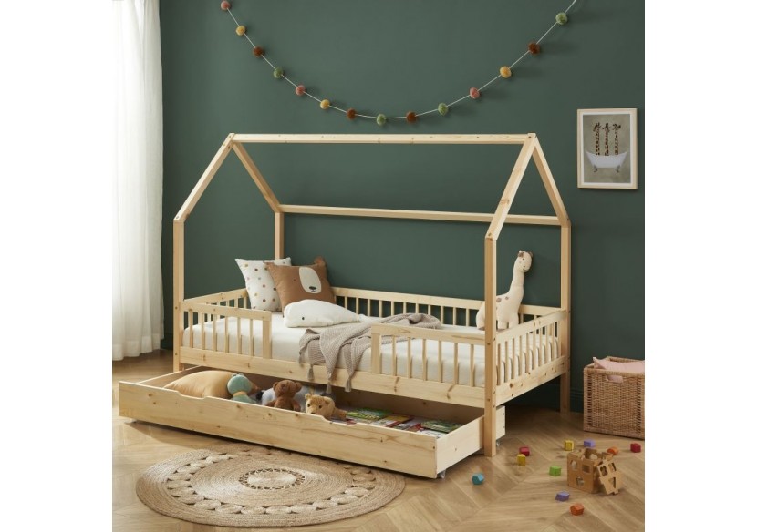Lit cabane avec barrières TINY pin massif 90x190 sommier + tiroir inclus