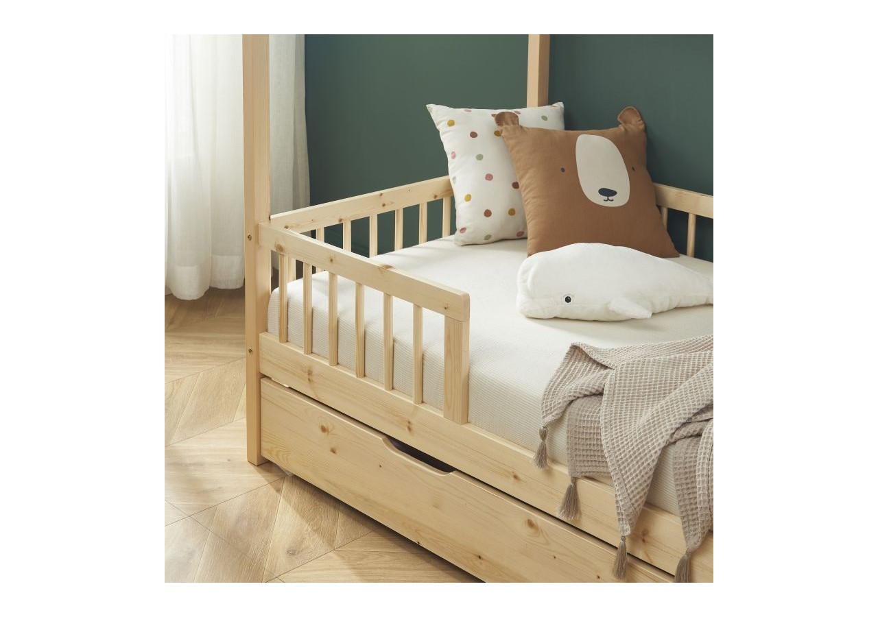 Lit cabane avec barrières TINY pin massif 90x190 sommier + tiroir inclus