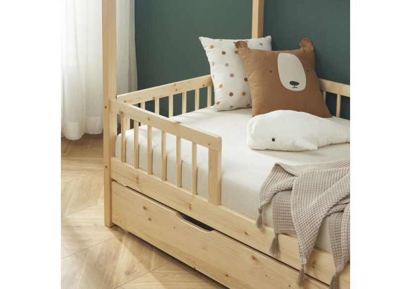 Lit cabane avec barrières TINY pin massif 90x190 sommier + tiroir inclus