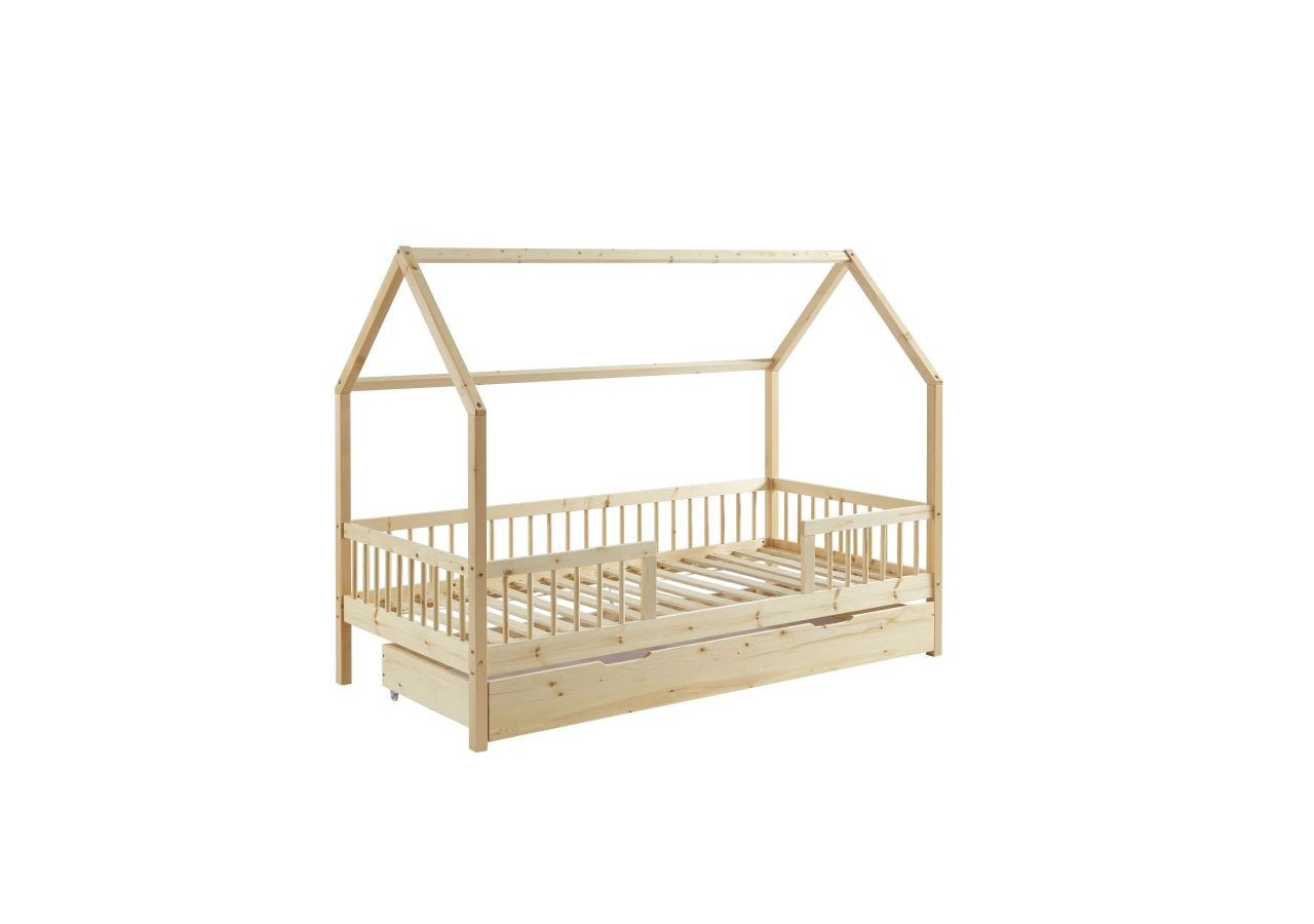 Lit cabane avec barrières TINY pin massif 90x190 sommier + tiroir inclus