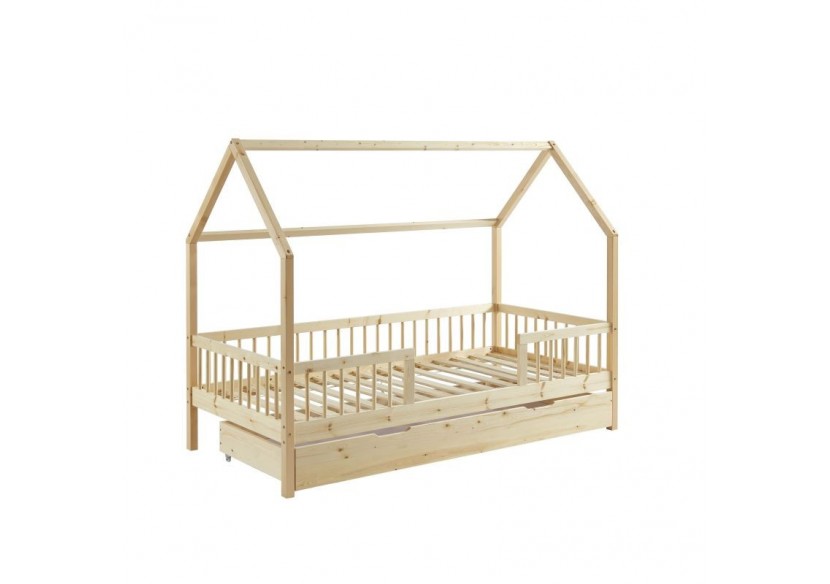 Lit cabane avec barrières TINY pin massif 90x190 sommier + tiroir inclus