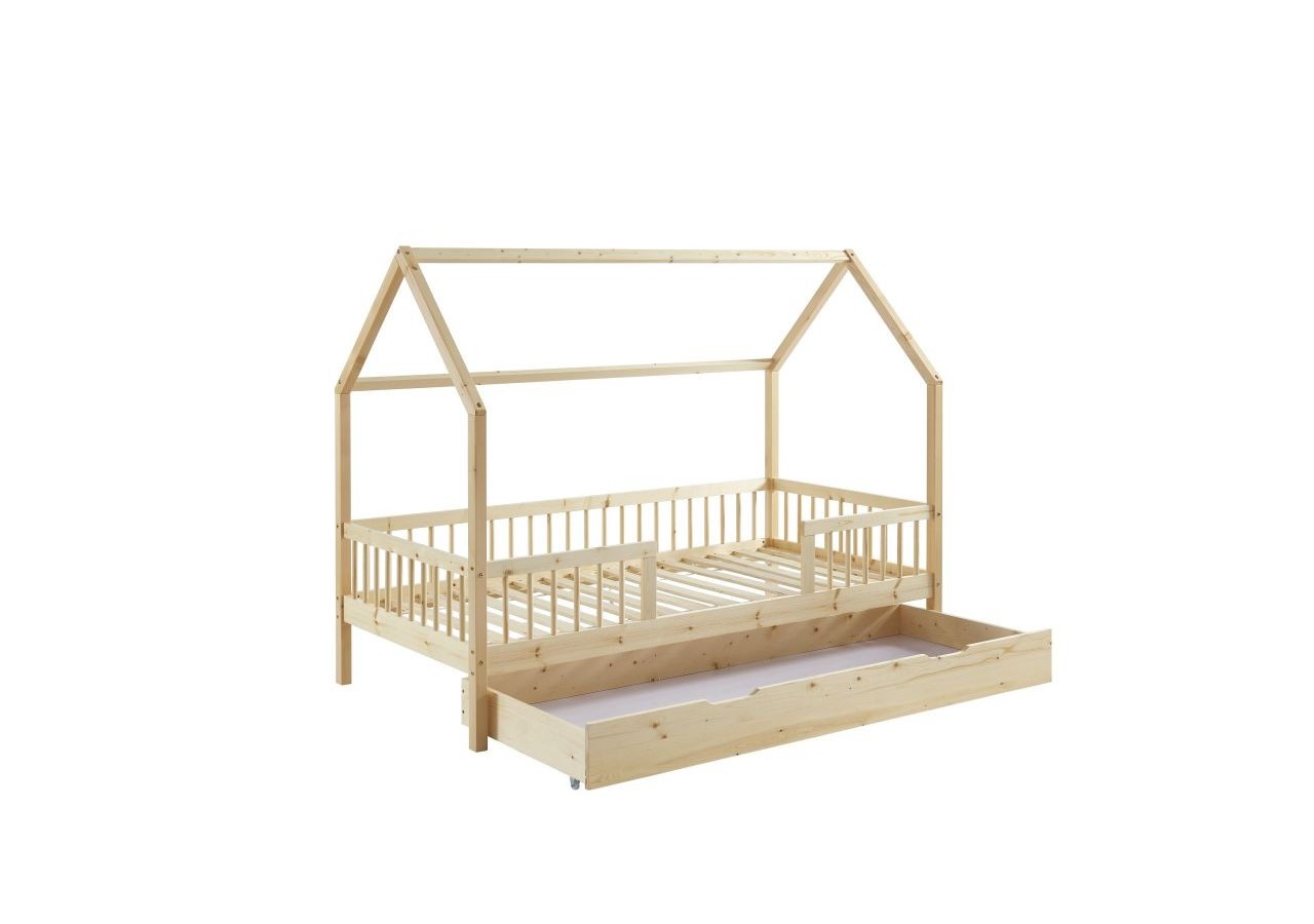 Lit cabane avec barrières TINY pin massif 90x190 sommier + tiroir inclus