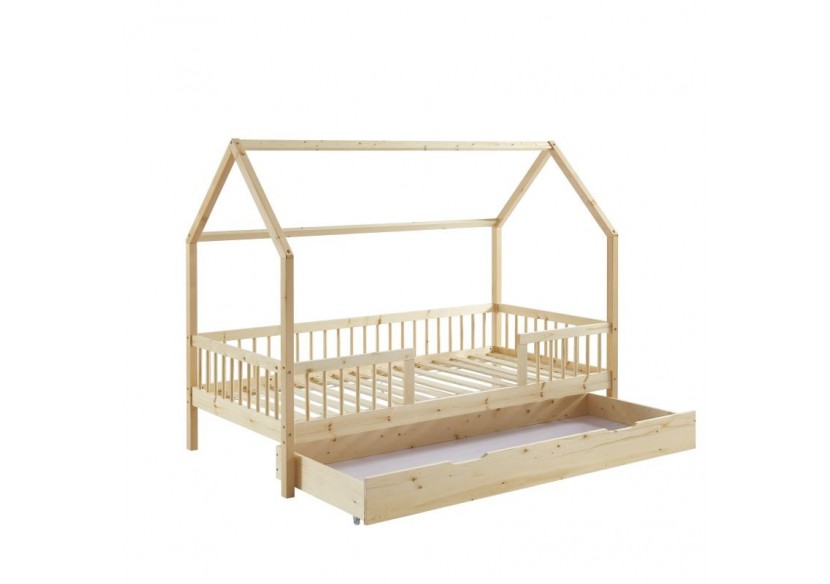 Lit cabane avec barrières TINY pin massif 90x190 sommier + tiroir inclus