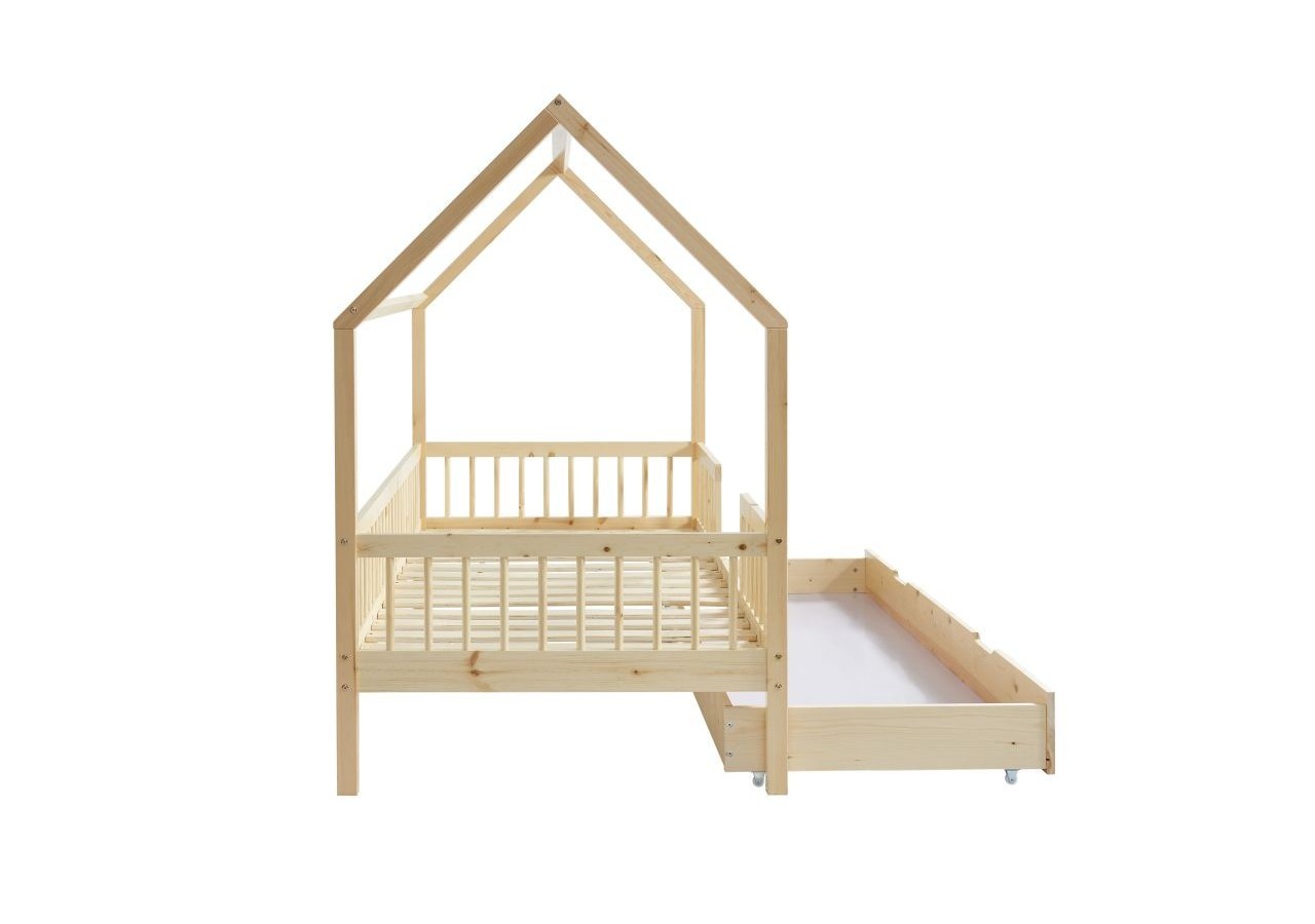 Lit cabane avec barrières TINY pin massif 90x190 sommier + tiroir inclus