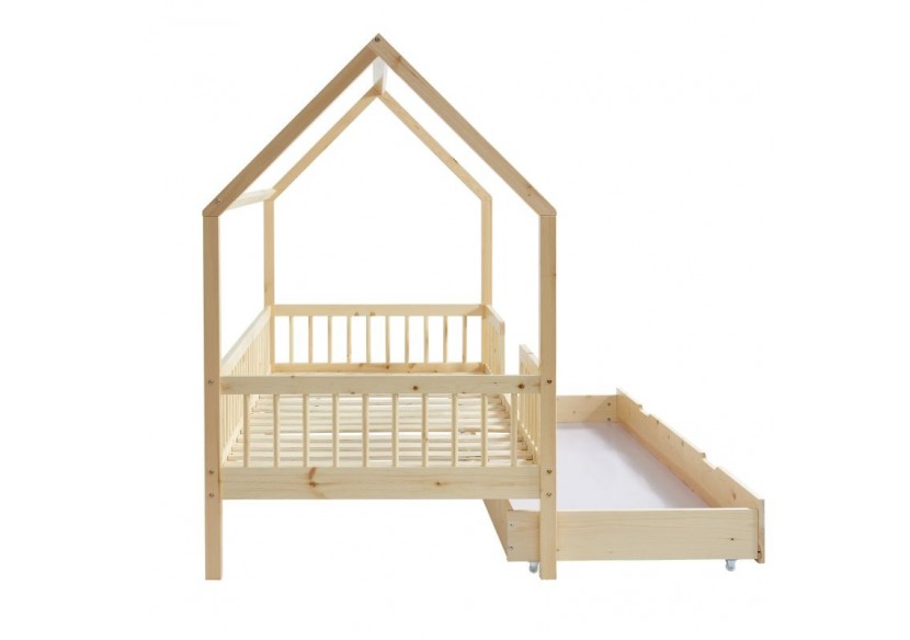 Lit cabane avec barrières TINY pin massif 90x190 sommier + tiroir inclus