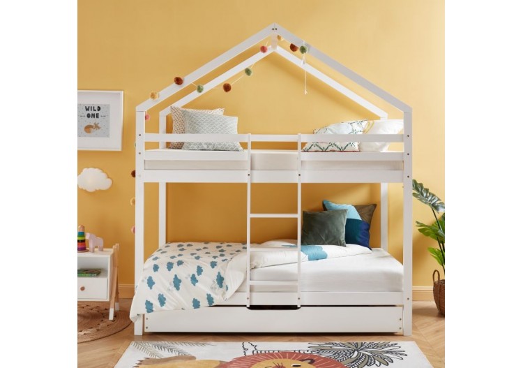 Lit cabane superposé TINY pin blanc 90x190 sommier inclus 2