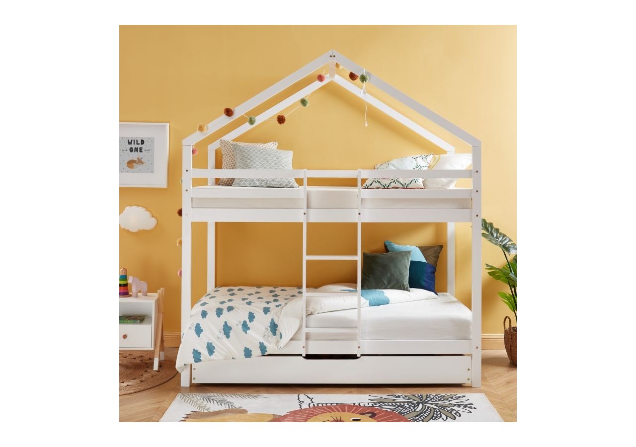 Lit cabane superposé TINY pin blanc 90x190 sommier inclus