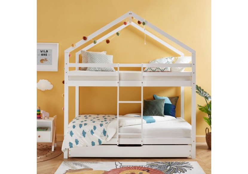 Lit cabane superposé TINY pin blanc 90x190 sommier inclus