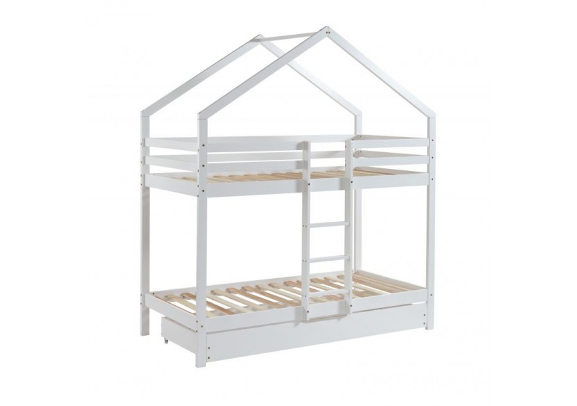 Lit cabane superposé TINY pin blanc 90x190 sommier inclus