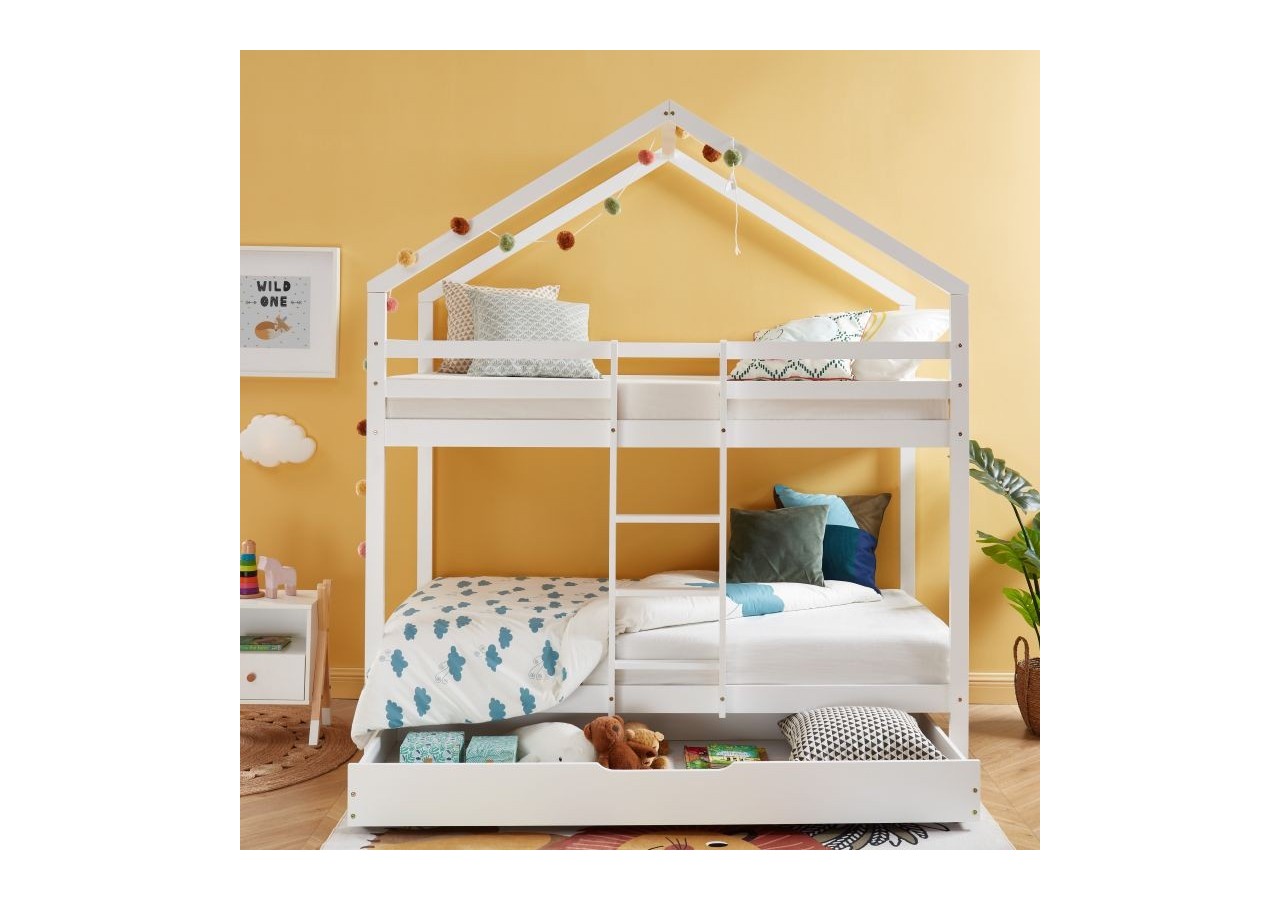 Lit cabane superposé TINY pin blanc 90x190 sommier inclus