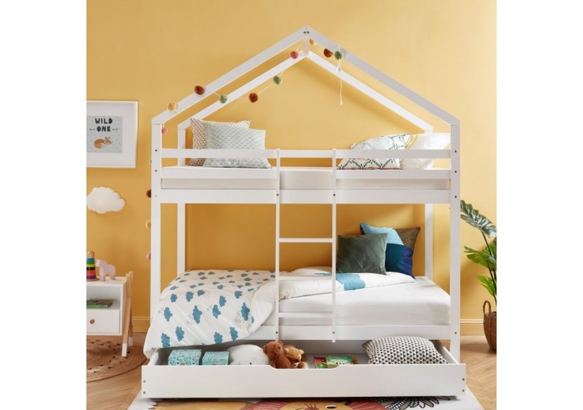 Lit cabane superposé TINY pin blanc 90x190 sommier inclus