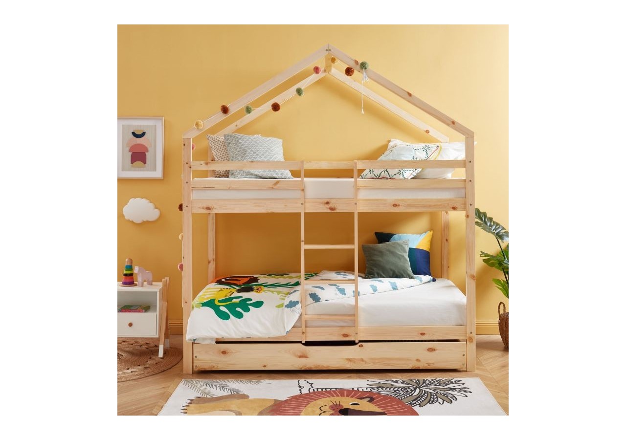 Lit cabane superposé TINY pin naturel 90x190 sommier inclus