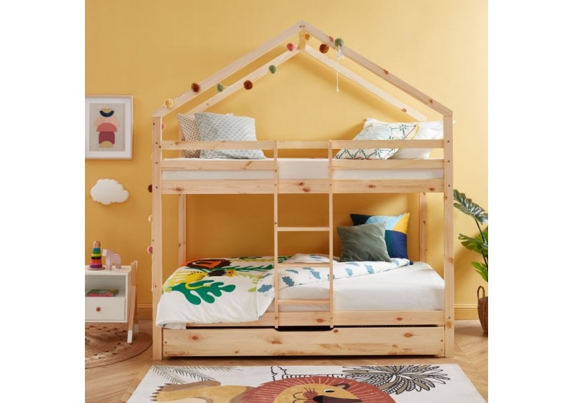 Lit cabane superposé TINY pin naturel 90x190 sommier inclus