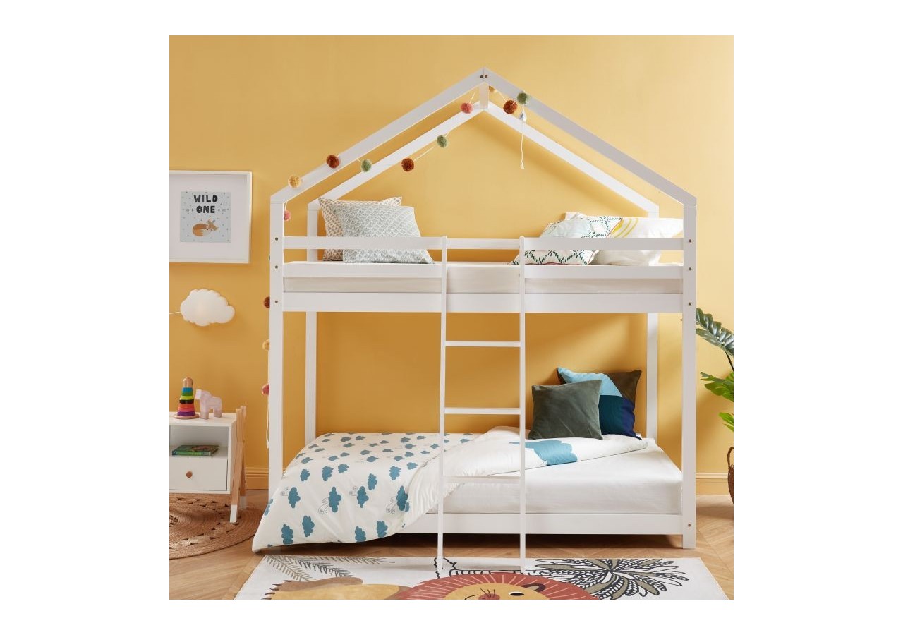 Lit cabane superposé TINY pin blanc 90x190 sommier inclus