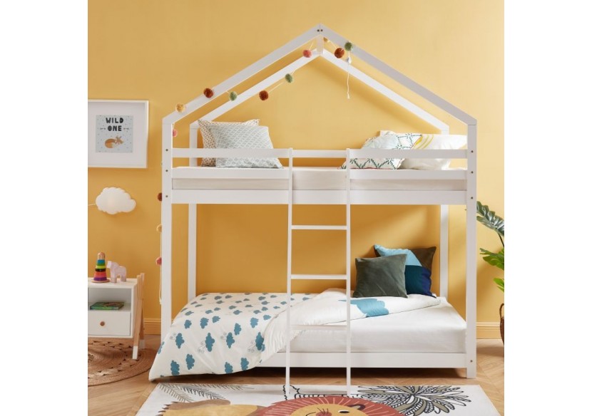 Lit cabane superposé TINY pin blanc 90x190 sommier inclus
