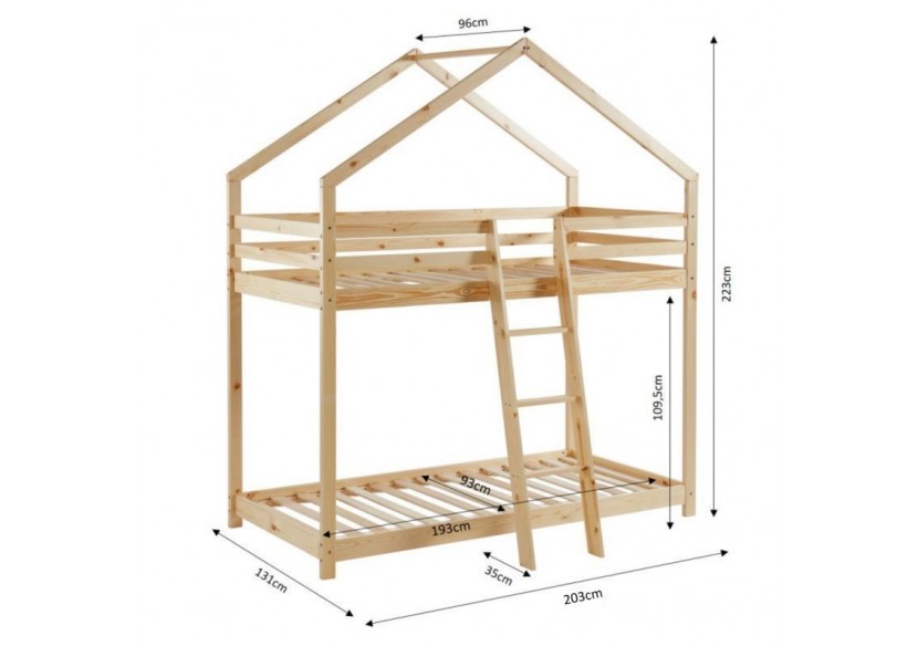 Lit cabane superposé TINY pin naturel 90x190 sommier inclus