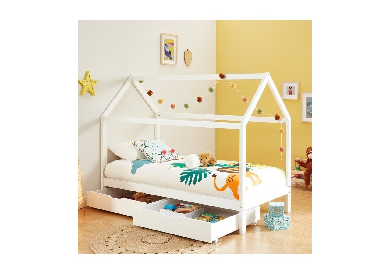 Lit cabane avec tiroirs TINY pin blanc 90x190 sommier inclus