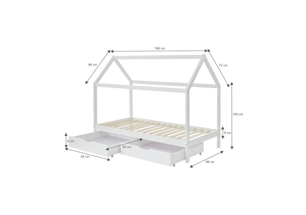 Lit cabane avec tiroirs TINY pin blanc 90x190 sommier inclus