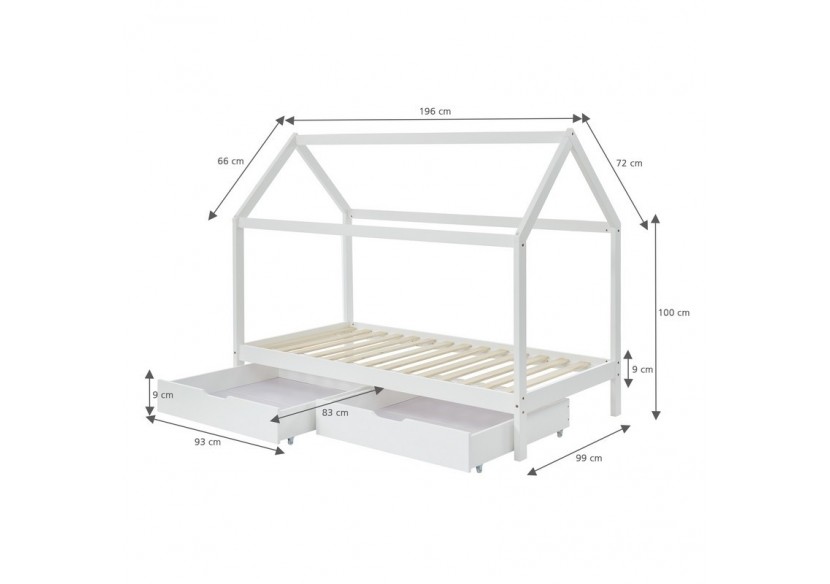 Lit cabane avec tiroirs TINY pin blanc 90x190 sommier inclus