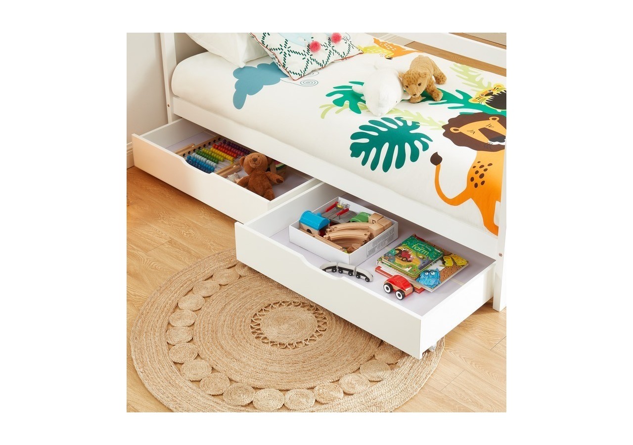 Lit cabane avec tiroirs TINY pin blanc 90x190 sommier inclus