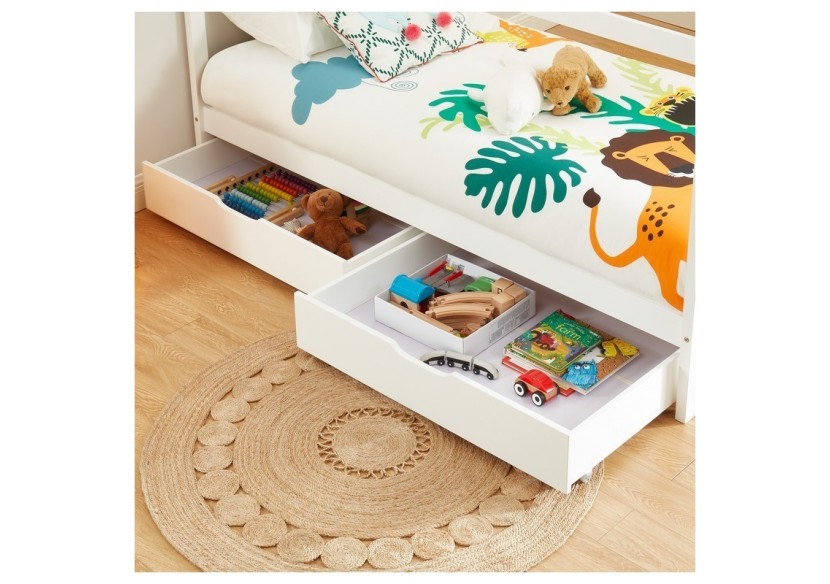 Lit cabane avec tiroirs TINY pin blanc 90x190 sommier inclus