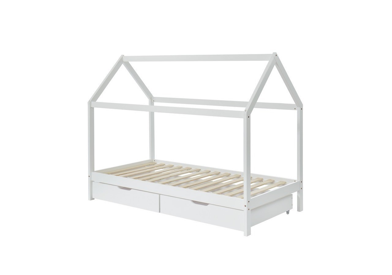 Lit cabane avec tiroirs TINY pin blanc 90x190 sommier inclus