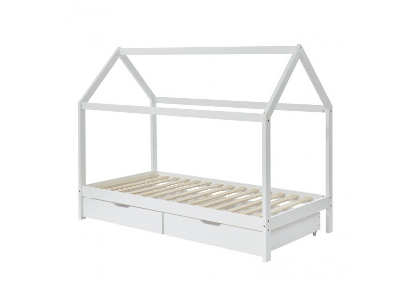 Lit cabane avec tiroirs TINY pin blanc 90x190 sommier inclus