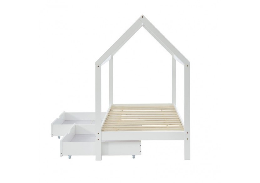 Lit cabane avec tiroirs TINY pin blanc 90x190 sommier inclus