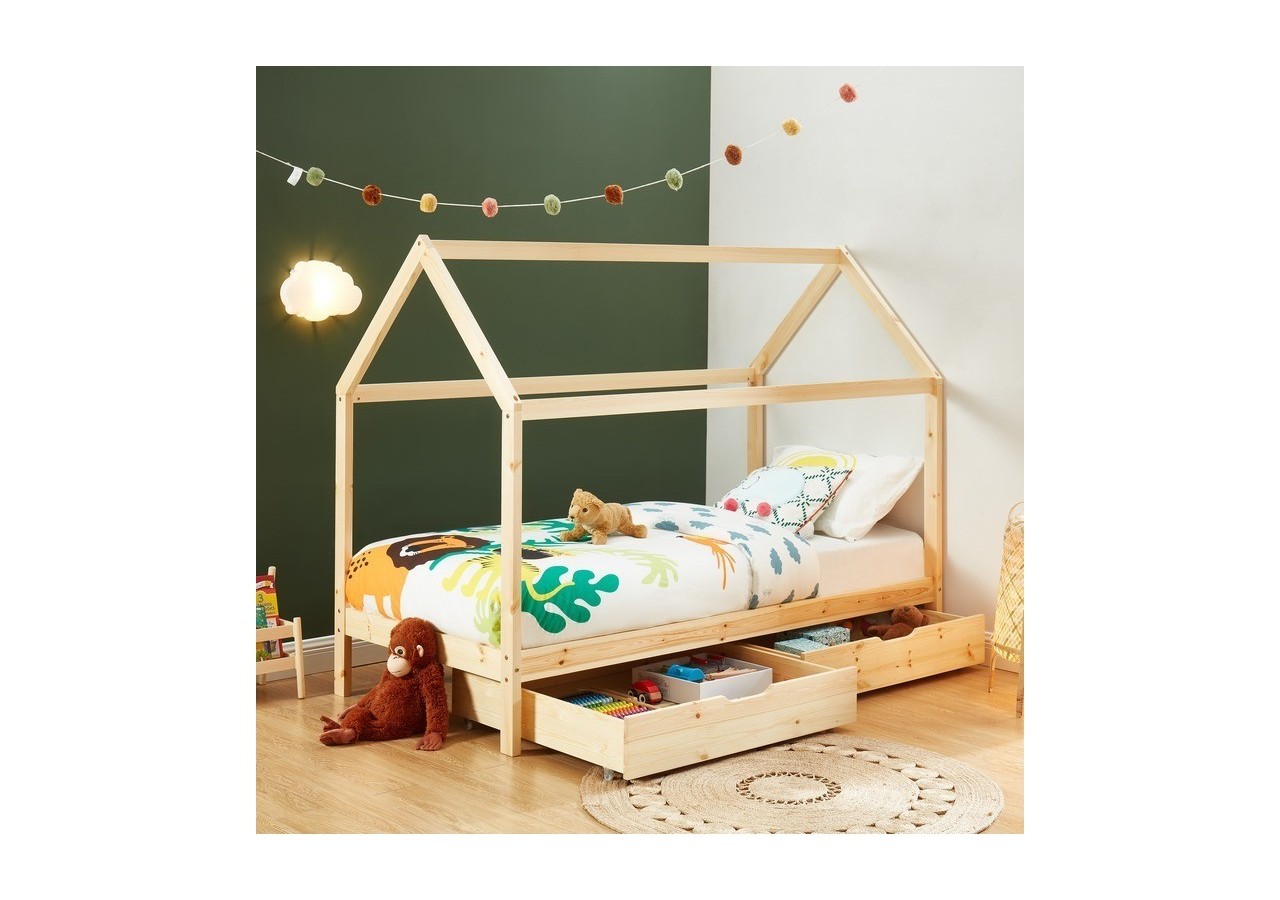 Lit cabane avec tiroirs TINY pin naturel 90x190 sommier inclus