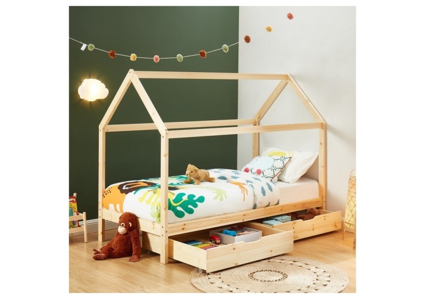 Lit cabane avec tiroirs TINY pin naturel 90x190 sommier inclus