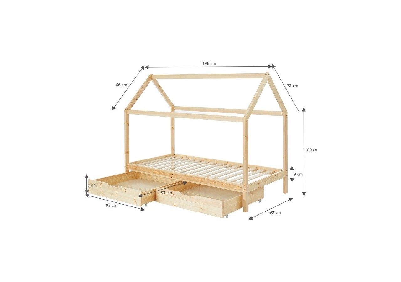 Lit cabane avec tiroirs TINY pin naturel 90x190 sommier inclus